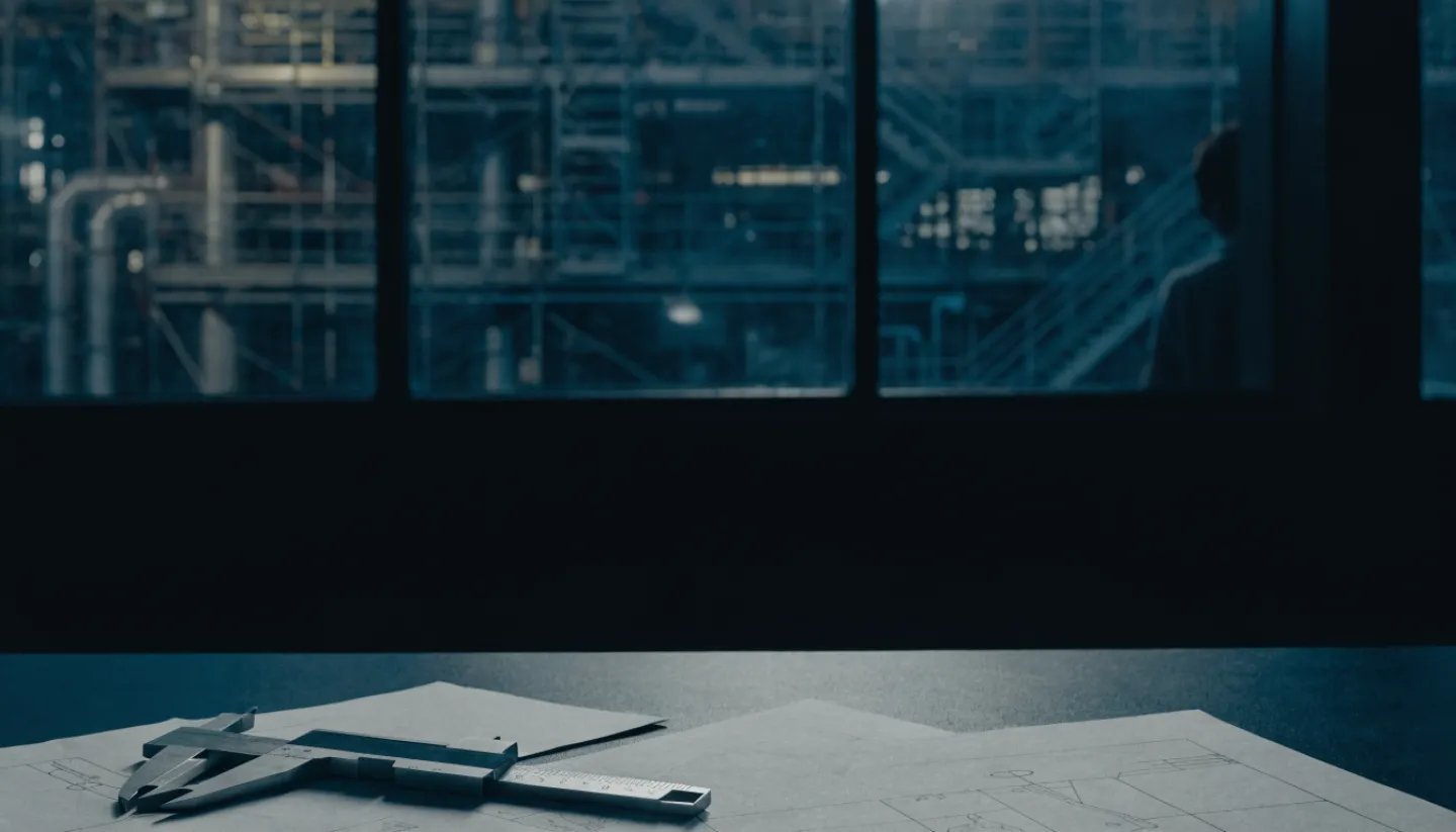 Engineers reviewing piping and equipment drawings for an oil and gas plant
