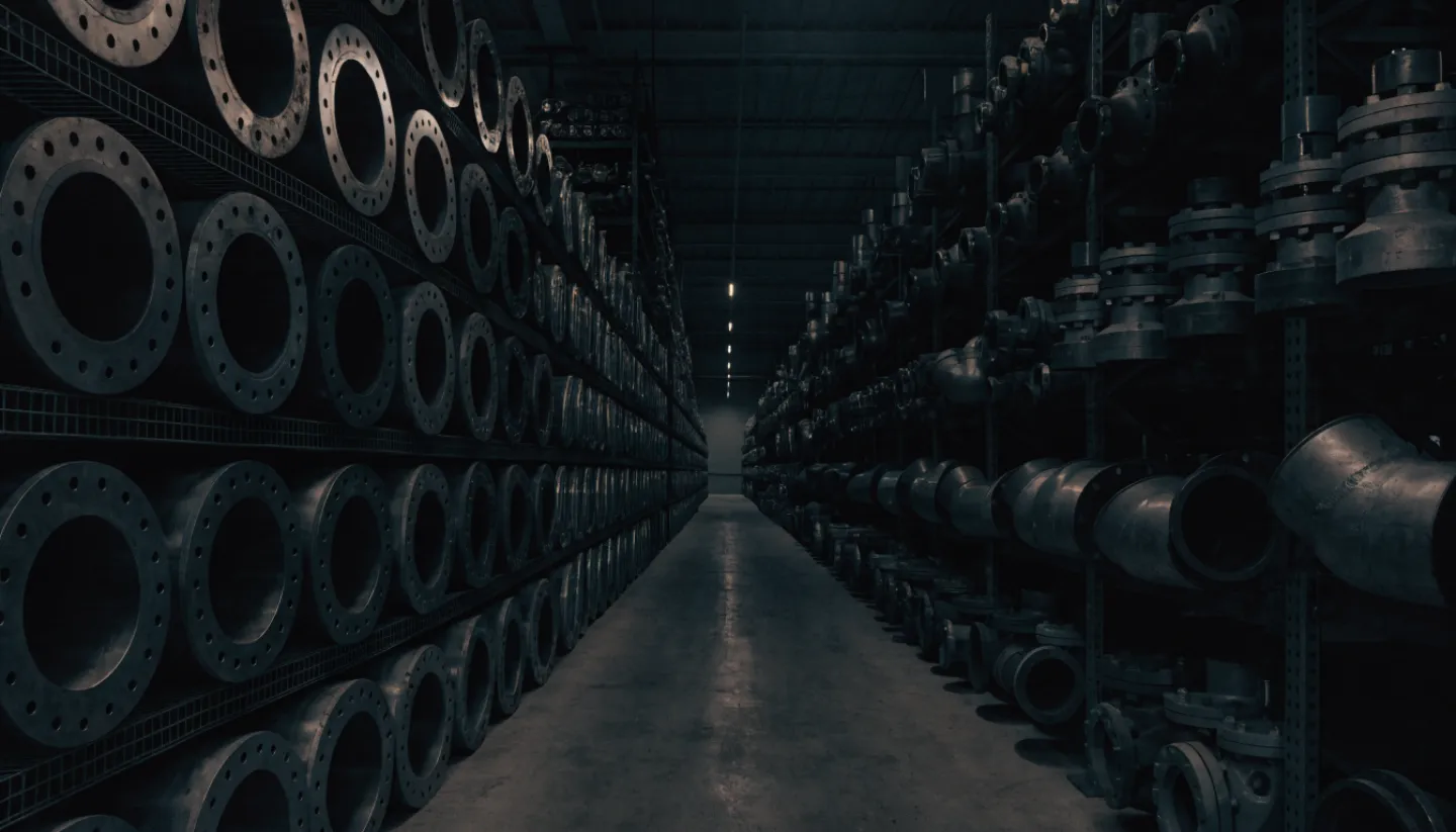 Warehouse stocked with industrial valves, flanges and spare parts ready for dispatch