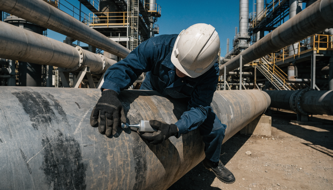 Technician taking ultrasonic thickness readings on a pipeline