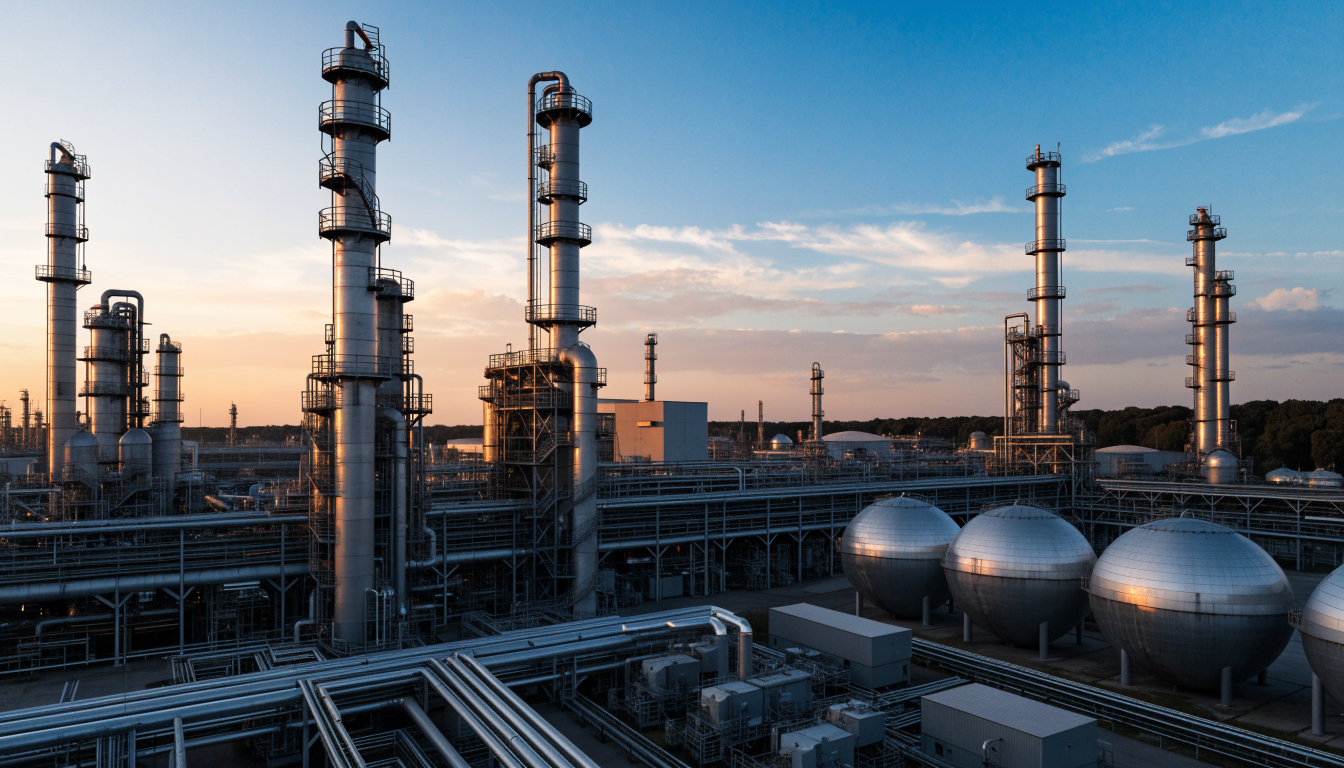 Oil refinery and petrochemical complex at dusk
