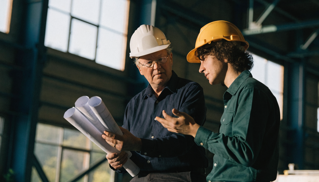 Senior supervisor coaching a young engineer over technical drawings