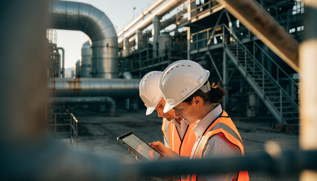 Two engineers reviewing drawings on a tablet in front of refinery piping