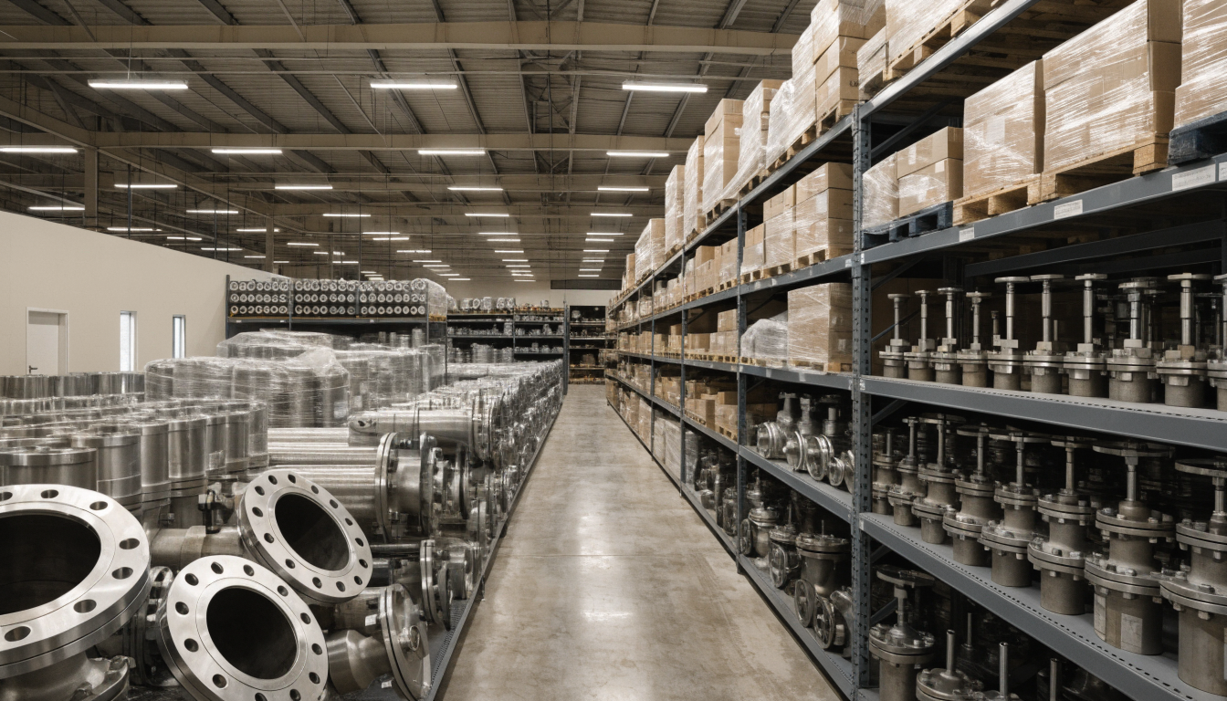 Warehouse shelving filled with valves, flanges and industrial spare parts