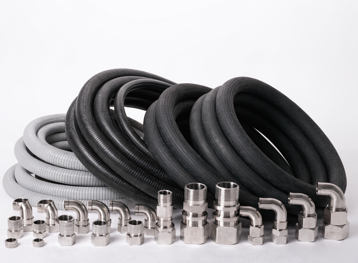 Industrial hoses and crimped stainless steel fittings