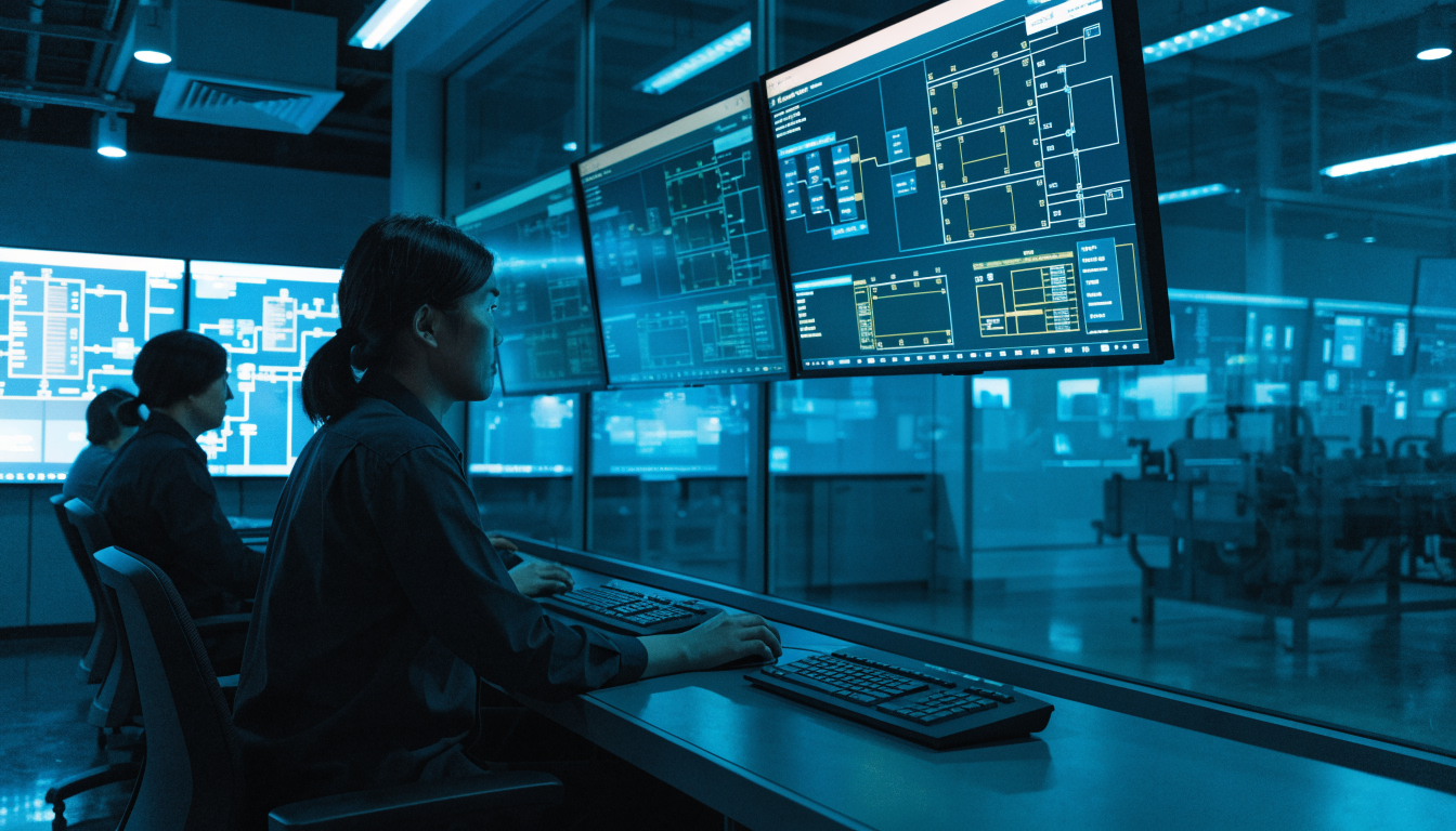 Operators in front of process screens in a plant control room