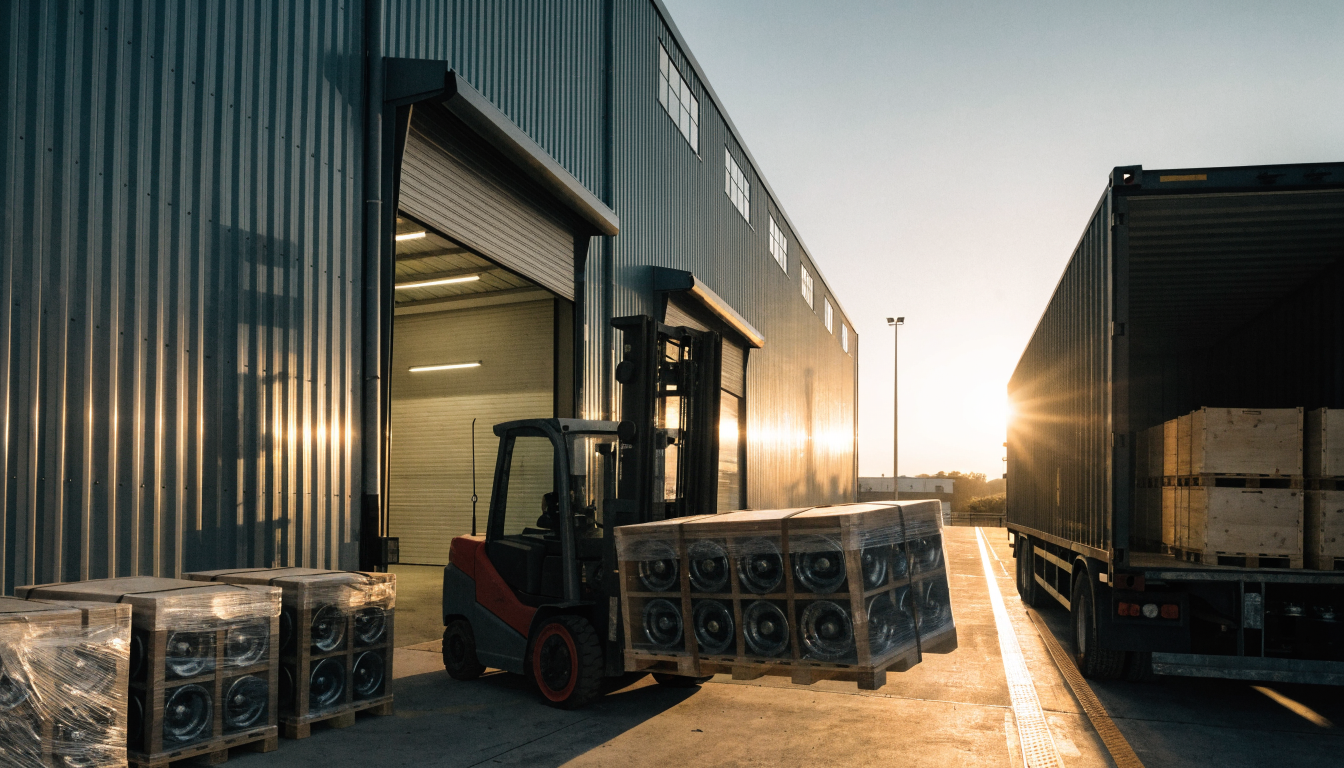 Forklift loading industrial equipment into a container truck