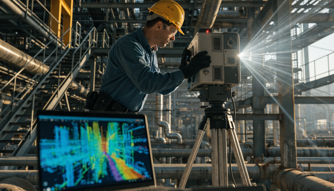 Engineer using a 3D laser scanner inside a refinery pipe rack