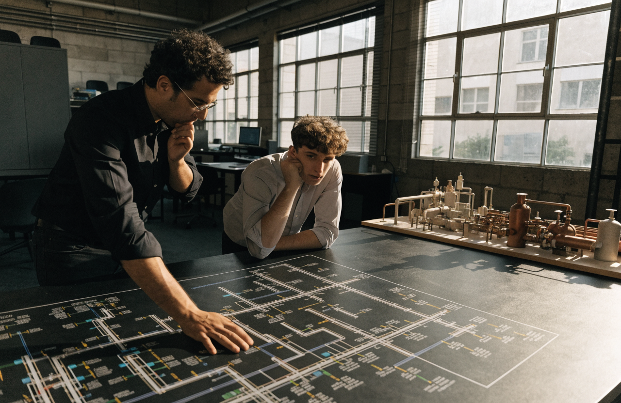Engineers reviewing a piping and instrumentation diagram in a design office