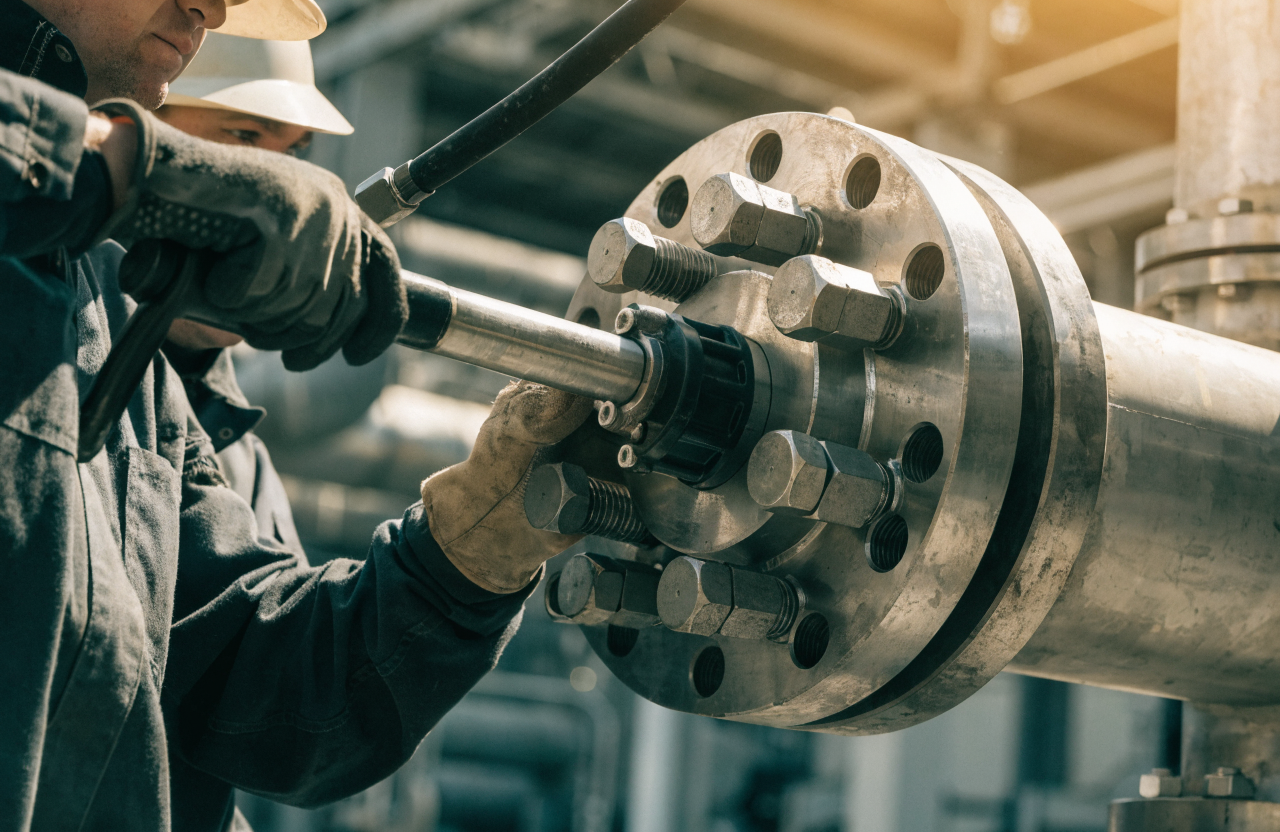 Workers tightening flange bolts with a hydraulic torque wrench