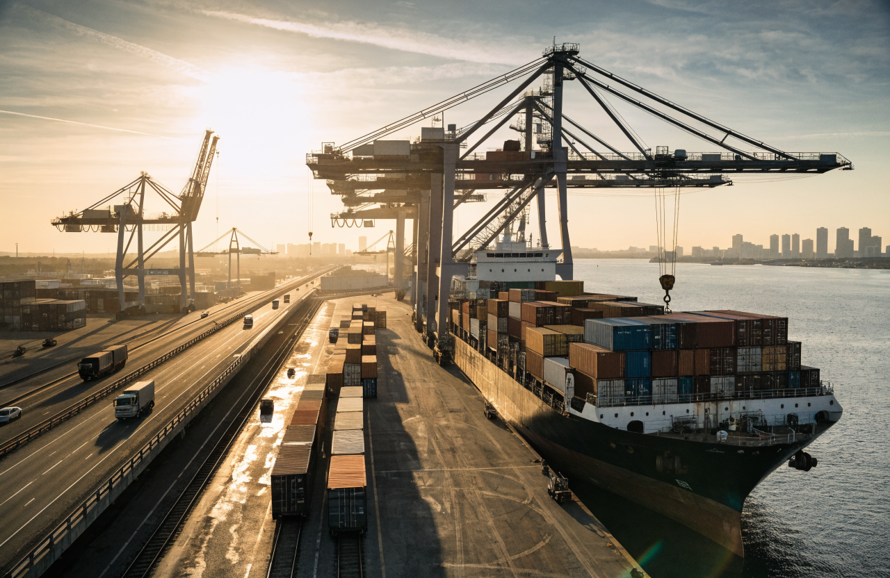 Container port with railway and highway bridge