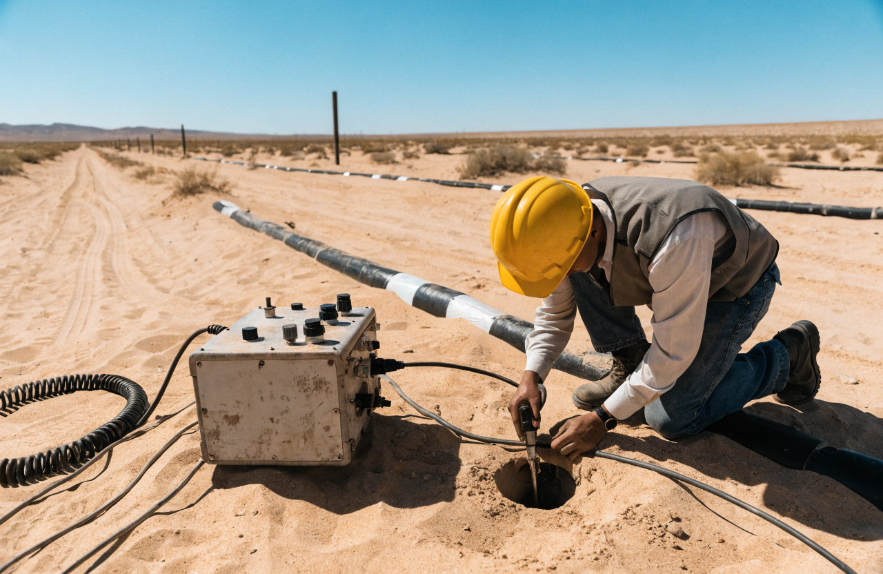 Technician running a cathodic protection survey on a buried pipeline