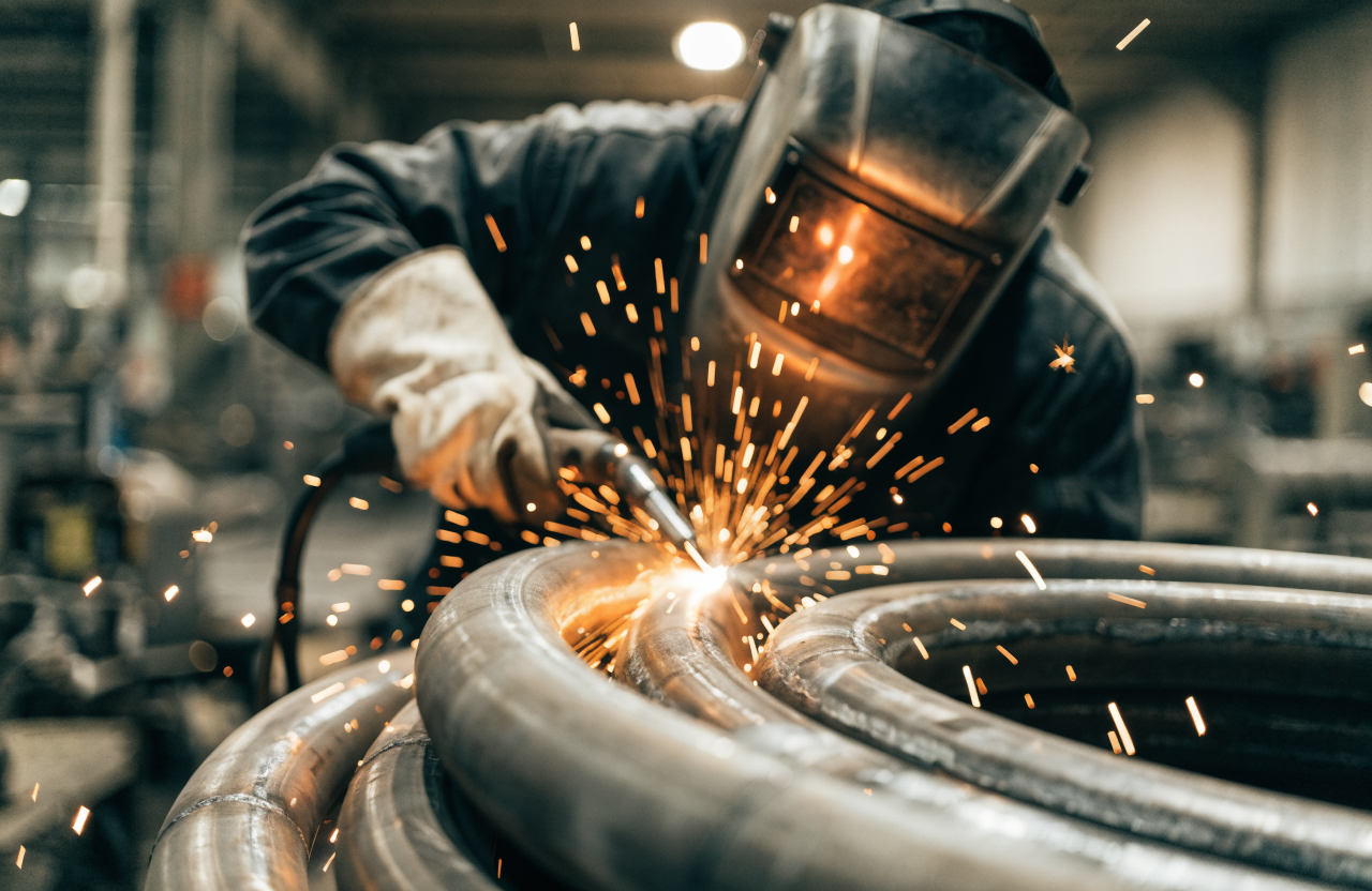 Welder working on a large diameter pipe spool
