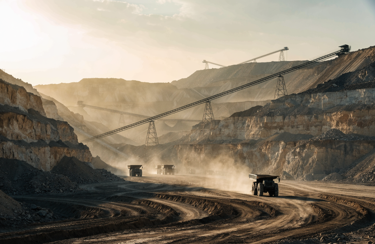 Open pit mining site with haul trucks