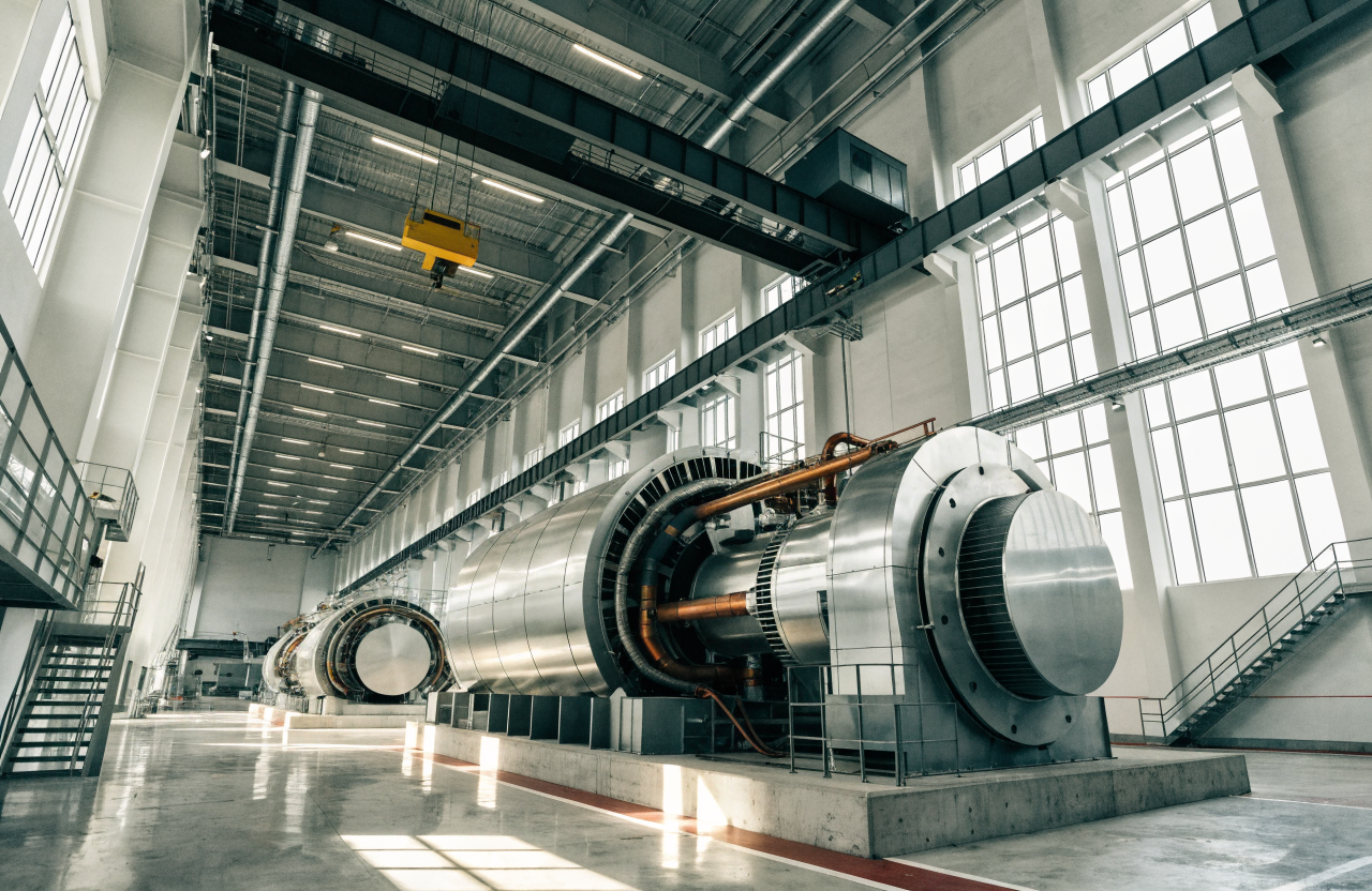 Turbine hall of a power plant with overhead crane
