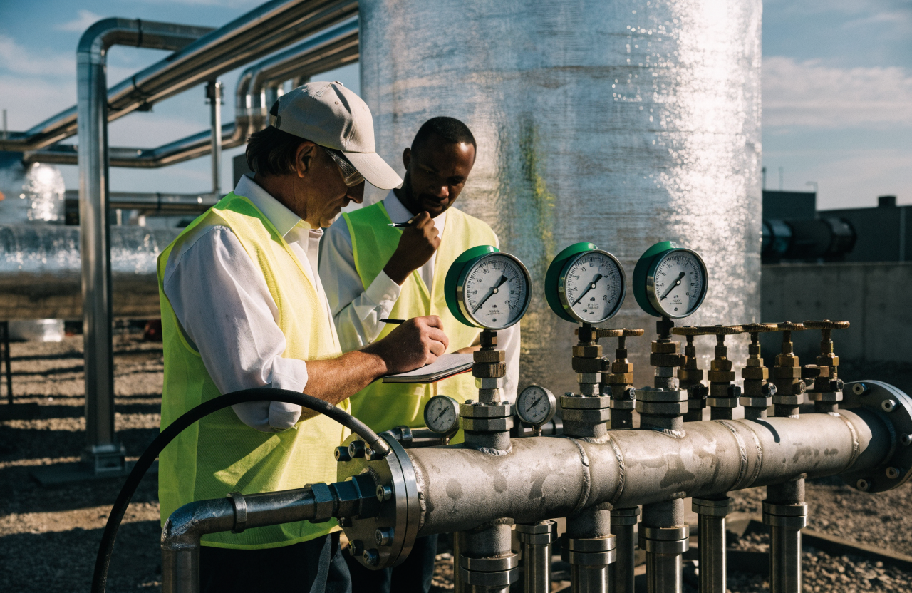 Hydrostatic pressure test manifold with gauges on an industrial site