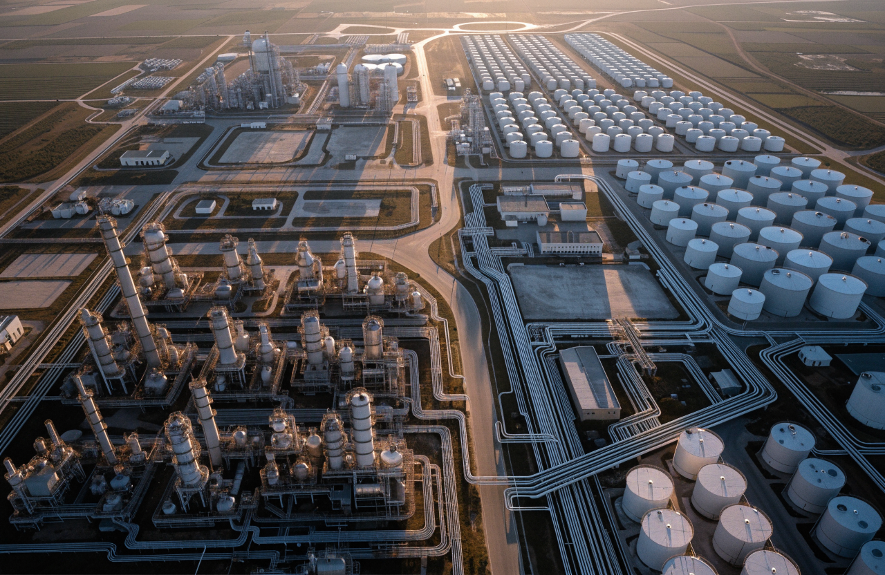 Aerial view of a petrochemical plant and tank farm at golden hour