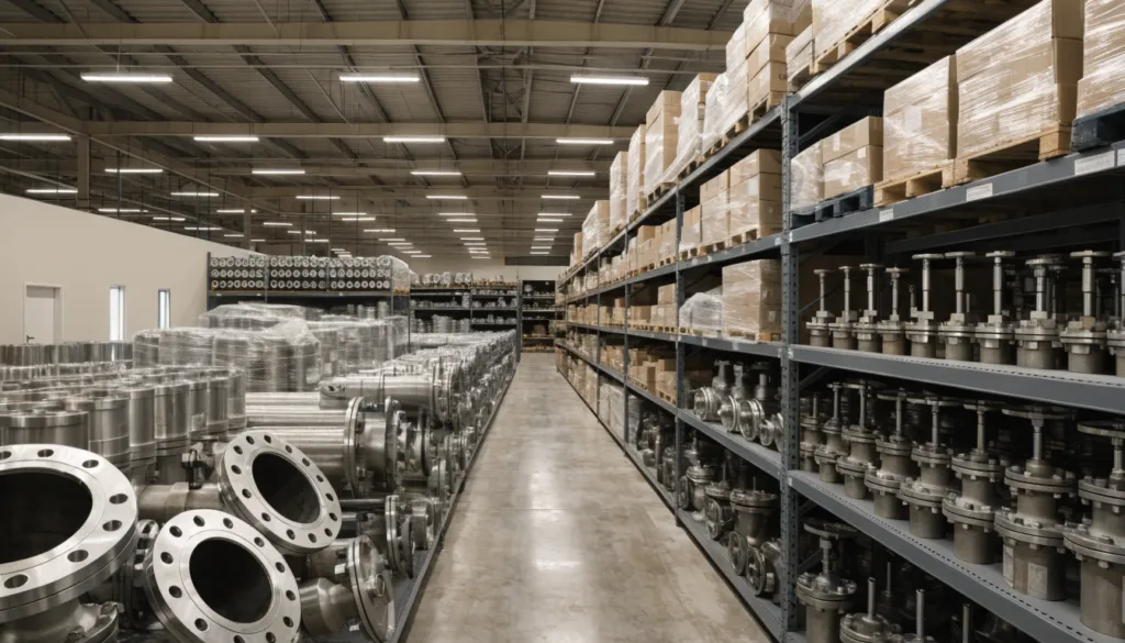 Industrial warehouse stocked with valves, flanges and spare parts