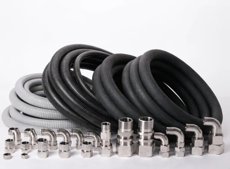 Industrial hoses and crimped stainless steel fittings