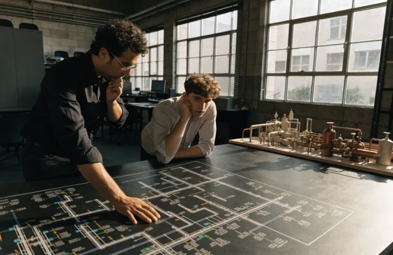 Engineers reviewing a piping and instrumentation diagram