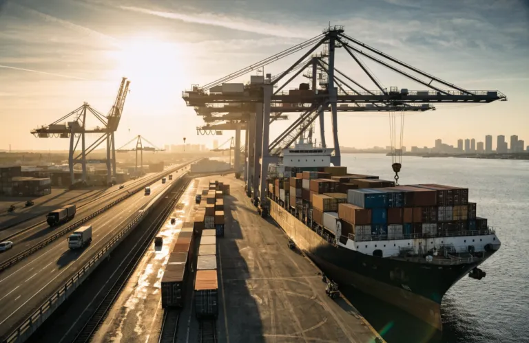 Container port with railway and highway bridge