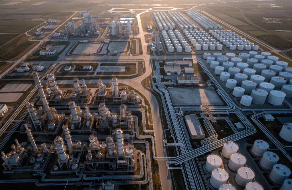 Aerial view of a petrochemical plant and tank farm at golden hour