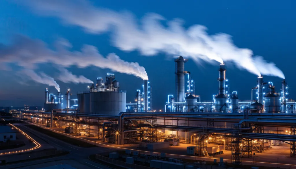 Industrial complex illuminated at night