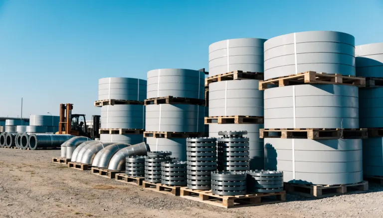 Supply yard with flanges, fittings and painted pipe spools ready for shipment