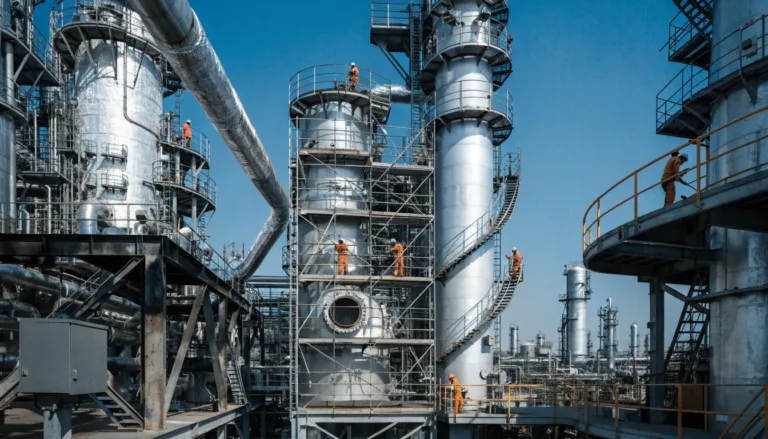 Refinery turnaround with scaffolding erected around distillation columns