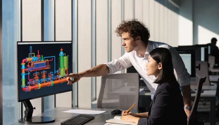 Engineer showing a 3D piping model of a process plant on a large screen