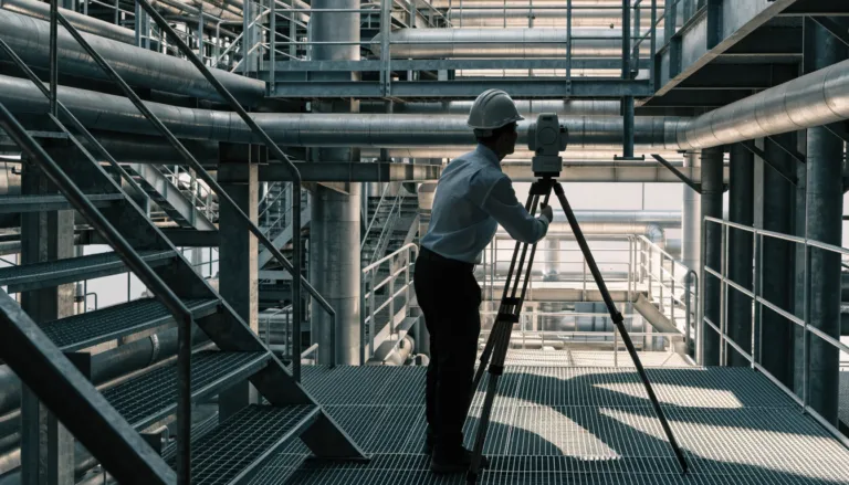 Surveyor taking dimensional measurements with a total station inside a plant