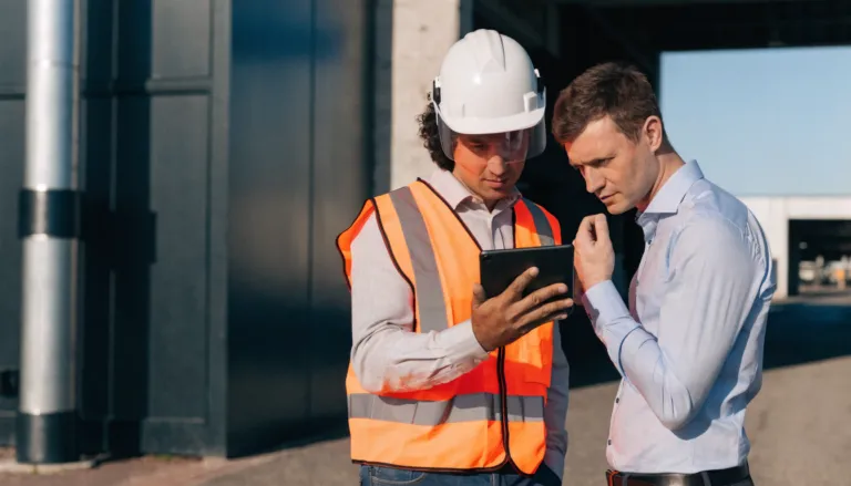 Consultant showing a tablet to a client manager outside an industrial facility