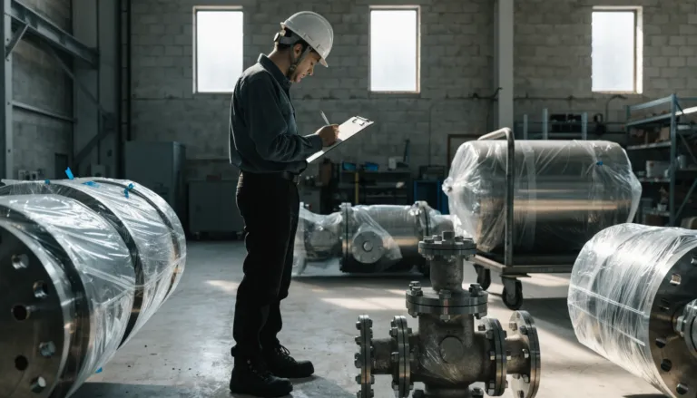 Auditor inspecting mechanical equipment in a fabrication workshop