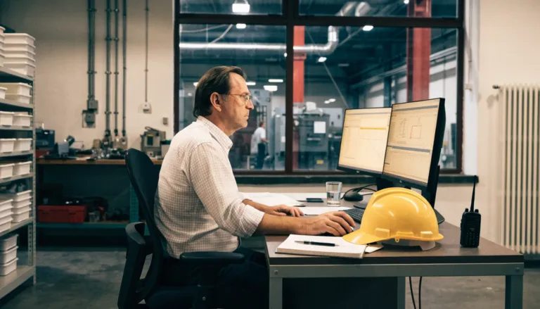 Maintenance planner working on planning software in a plant office