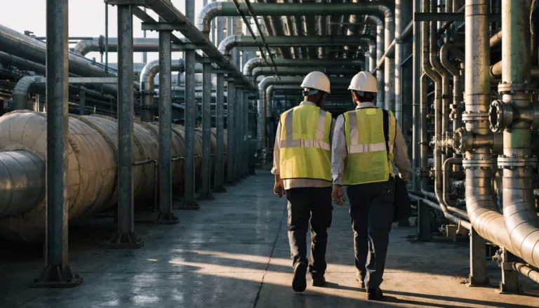 Two engineers walking along a pipe rack corridor in a petrochemical plant