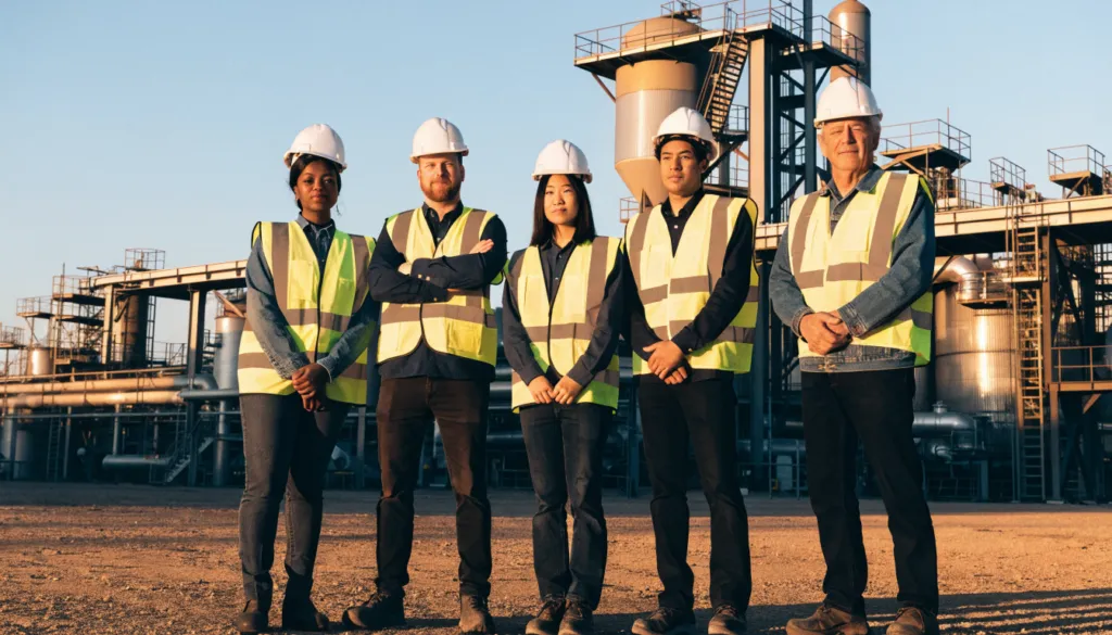 Team of engineers and technicians in front of an industrial plant